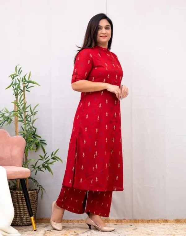 Red_Cotton_A-line_Casual_Coord_Set