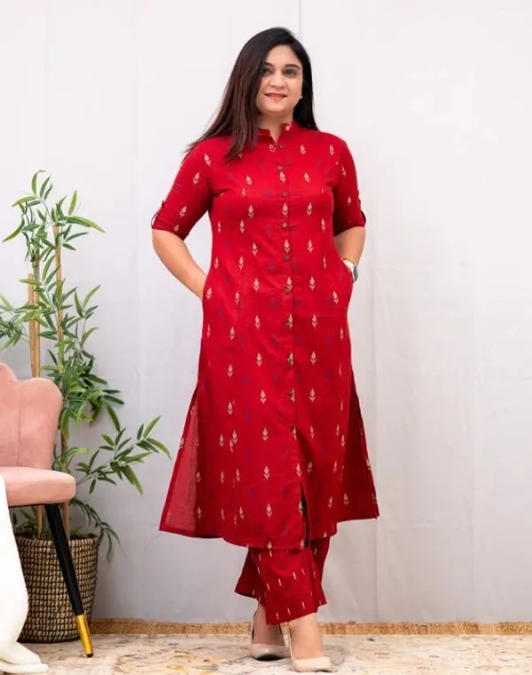 Red_Cotton_A-line_Casual_Coord_Set