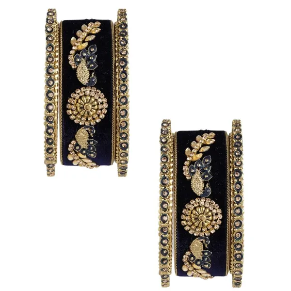 Blue_Velvet_Traditional_Gold_Plated_Rhinestones_And_Ethnic_Meenakari_Embedded_Peacock_Design_Blue_Velvet_Bangles/Bridal_Chooda_Set_Of_6_For_Women_And_Girls