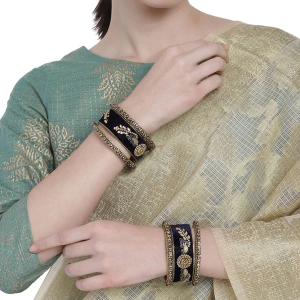 Blue_Velvet_Traditional_Gold_Plated_Rhinestones_And_Ethnic_Meenakari_Embedded_Peacock_Design_Blue_Velvet_Bangles/Bridal_Chooda_Set_Of_6_For_Women_And_Girls