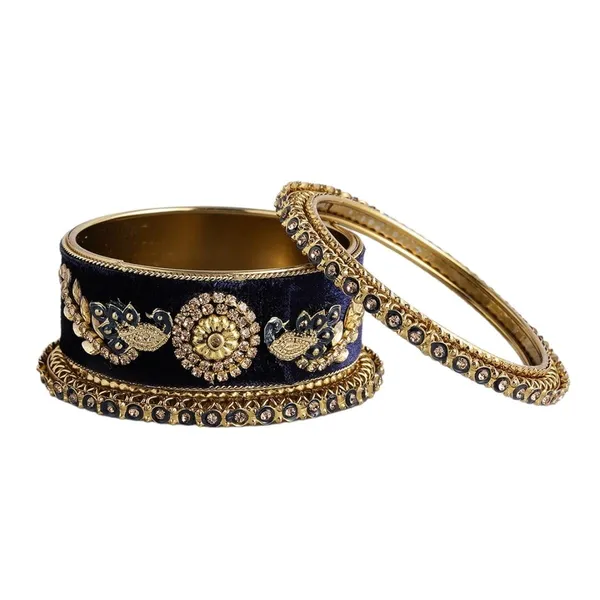 Blue_Velvet_Traditional_Gold_Plated_Rhinestones_And_Ethnic_Meenakari_Embedded_Peacock_Design_Blue_Velvet_Bangles/Bridal_Chooda_Set_Of_6_For_Women_And_Girls