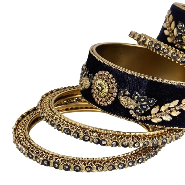Blue_Velvet_Traditional_Gold_Plated_Rhinestones_And_Ethnic_Meenakari_Embedded_Peacock_Design_Blue_Velvet_Bangles/Bridal_Chooda_Set_Of_6_For_Women_And_Girls