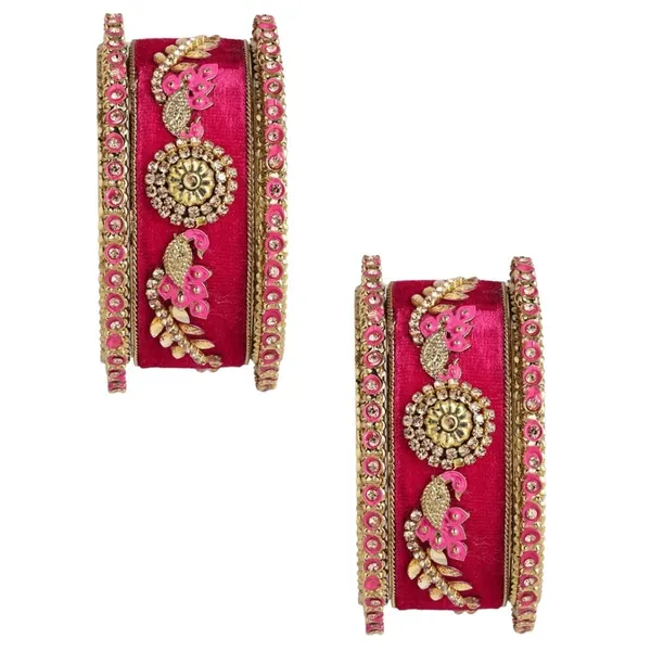 Pink_Velvet_Traditional_Gold_Plated_Rhinestones_And_Ethnic_Meenakari_Embedded_Peacock_Design_Pink_Velvet_Bangles/Bridal_Chooda_Set_Of_6_For_Women_And_Girls_(2.6)|