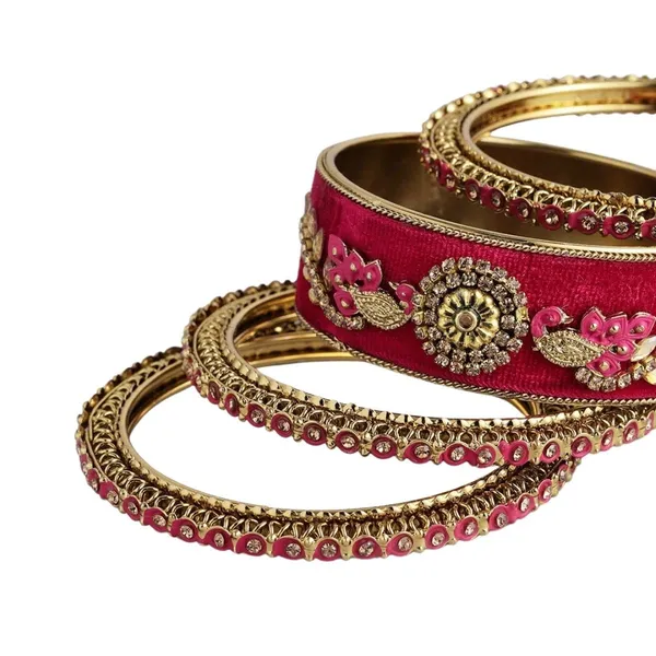 Pink_Velvet_Traditional_Gold_Plated_Rhinestones_And_Ethnic_Meenakari_Embedded_Peacock_Design_Pink_Velvet_Bangles/Bridal_Chooda_Set_Of_6_For_Women_And_Girls_(2.6)|