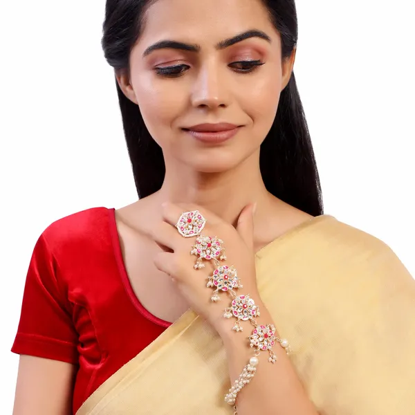 Pink_&_Gold_Gold_Plated_Kundan,_Enamel_&_Pearl_Studded_Bracelet_With_Adjustable_Finger_Ring_For_Women