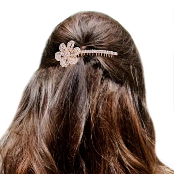 Gold_Plated_Stunning_And_Dazzling_Rhinestones_Studded_Floral_Design_Contemporary_Style_Hair_Comb_Pin/Hair_Pin_For_Women_And_Girls_Pack_Of_1
