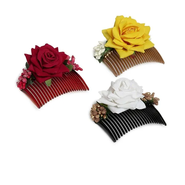 Multicolor_Multicolor_Pack_Of_3_Acrylic_Comb_Indo_Western_Fancy_Hair_Clip/Side_Pin/Comb_Pin/Jooda_Pin_Hair_Accessories_With_Cloth_Flower_For_Women_And_Girls