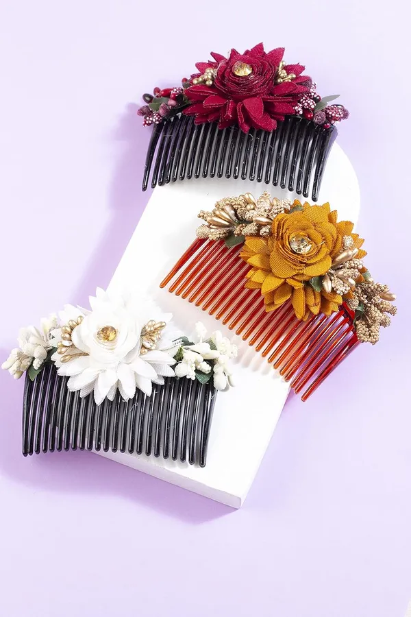 Multicolor_Multicolor_Pack_Of_3_Acrylic_Comb_Indo_Western_Fancy_Hair_Clip/Side_Pin/Comb_Pin/Jooda_Pin_Hair_Accessories_With_Cloth_Flower_For_Women_And_Girls_Pack_Of_3_|_Gifting_For_Karwachauth_|
