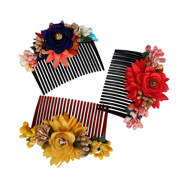 Multicolor_Multicolor_Pack_Of_3_Acrylic_Comb_Indo_Western_Fancy_Hair_Clip/Side_Pin/Comb_Pin/Jooda_Pin_Hair_Accessories_With_Cloth_Flower_For_Women_And_Girls_Pack_Of_3