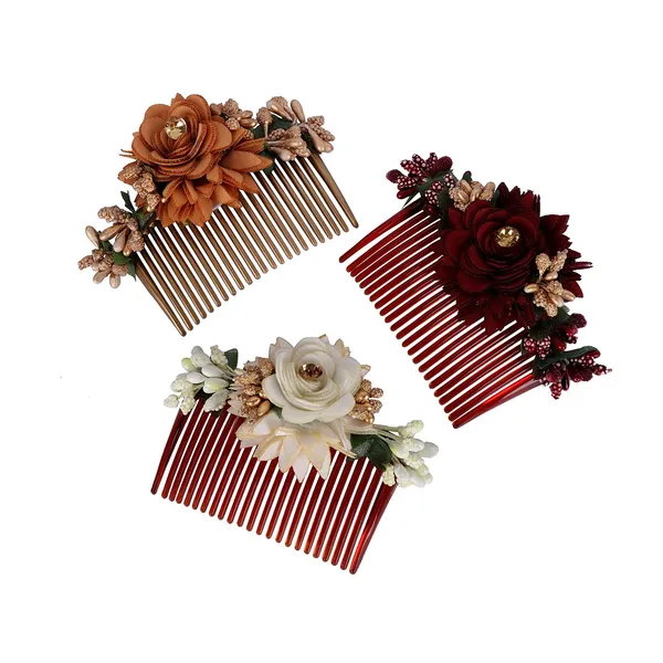 Multicolor_Multicolor_Acrylic_Comb_Indo_Western_Fancy_Hair_Clip/Side_Pin/Comb_Pin/Jooda_Pin_Hair_Accessories_With_Cloth_Flower_For_Women_And_Girls_Pack_Of_3