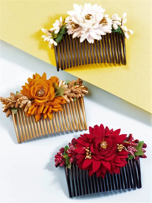 Multicolor_Multicolor_Acrylic_Comb_Indo_Western_Fancy_Hair_Clip/Side_Pin/Comb_Pin/Jooda_Pin_Hair_Accessories_With_Cloth_Flower_For_Women_And_Girls_Pack_Of_3
