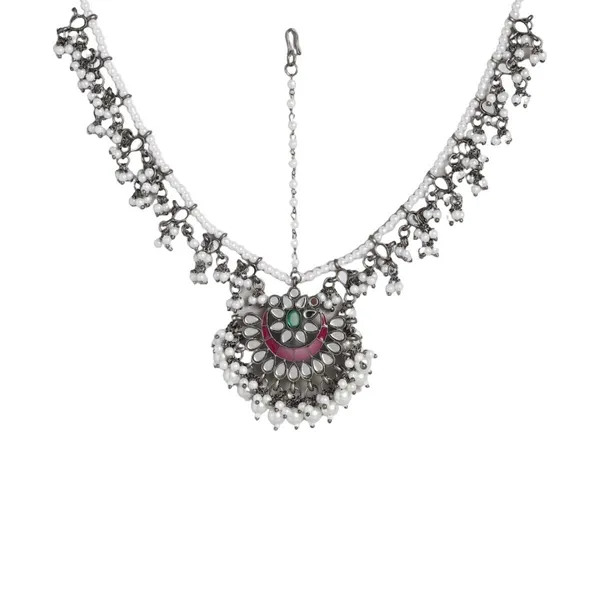 Silver_Traditional_Silver_Plated_Stunning_Mirrors_And_Meenakari_Embellished_Oxidized_Mathapatti/Damini/Sheeshphool_With_Pearls_For_Women_And_Girls_Pack_Of_1