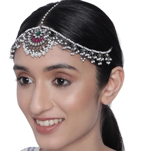 Silver_Traditional_Silver_Plated_Stunning_Mirrors_And_Meenakari_Embellished_Oxidized_Mathapatti/Damini/Sheeshphool_With_Pearls_For_Women_And_Girls_Pack_Of_1