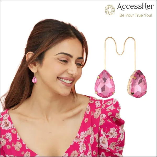 Gold_Plated_Contemporary_Jewellery_Style_Tear_Drop_Design_Dangle_Earrings_Embellished_With_Pink_Colour_Stone_For_Women_And_Girls_Pack_Of_1_Pair