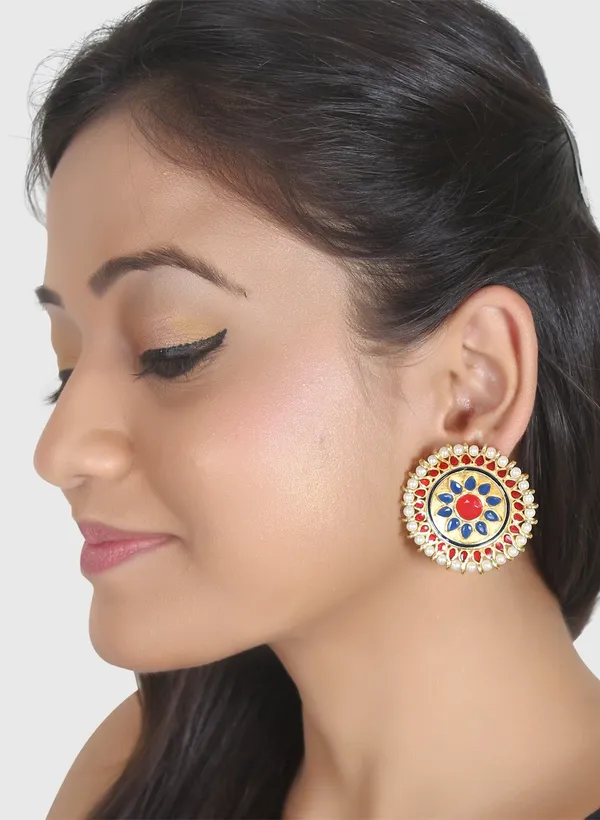 Jewellery_Gold_Plated_Ethnic_Oversized_Circular_Bue,Red_Enamel_Stud_Earrings_For_Women_And_Girls_Pair_Of_1