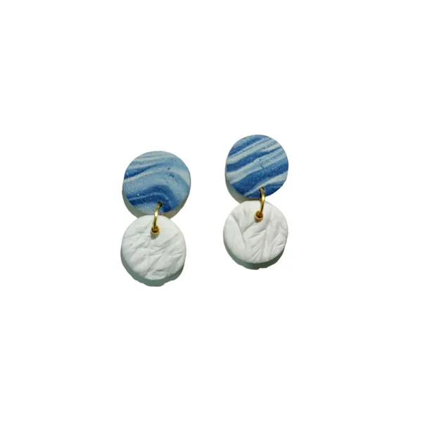 White_&_Blue_Delicate_Circle_Shaped_Textured_Blue_And_White_Handmade_Polymer_Clay_Earrings/Minimal_Dangle_Earrings/Summer_Jewellery_For_Women_And_Girls