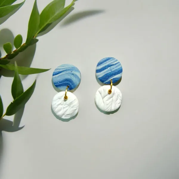 White_&_Blue_Delicate_Circle_Shaped_Textured_Blue_And_White_Handmade_Polymer_Clay_Earrings/Minimal_Dangle_Earrings/Summer_Jewellery_For_Women_And_Girls