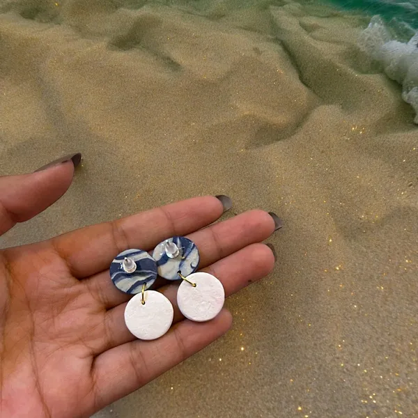 White_&_Blue_Delicate_Circle_Shaped_Textured_Blue_And_White_Handmade_Polymer_Clay_Earrings/Minimal_Dangle_Earrings/Summer_Jewellery_For_Women_And_Girls