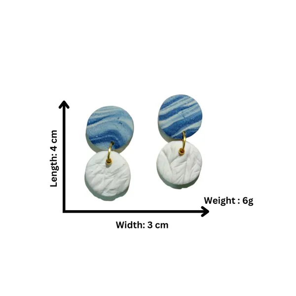 White_&_Blue_Delicate_Circle_Shaped_Textured_Blue_And_White_Handmade_Polymer_Clay_Earrings/Minimal_Dangle_Earrings/Summer_Jewellery_For_Women_And_Girls