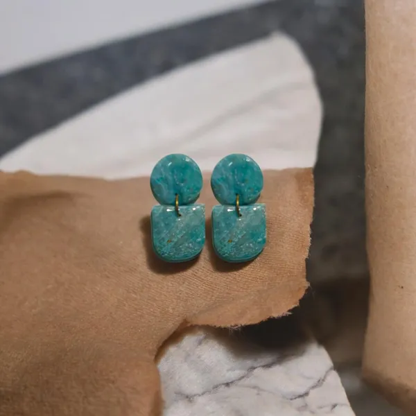 Blue_Blue_Stone_Circle_And_Rectangle_Dangling_Earing/Handmade_Polymer_Clay_Earrings_For_Women