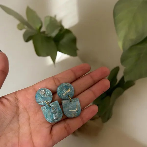 Blue_Blue_Stone_Circle_And_Rectangle_Dangling_Earing/Handmade_Polymer_Clay_Earrings_For_Women