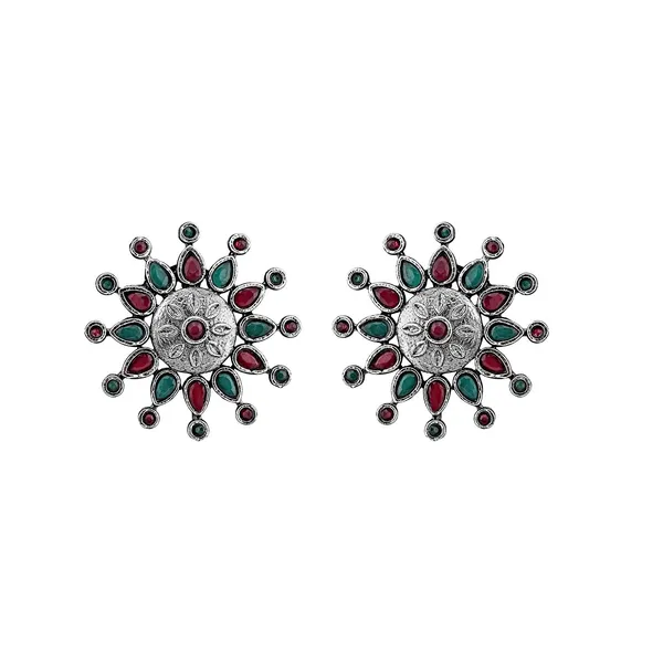 Multicolor_Ethnic_Oxidised_Silver_Plating_Stylish_Alloy_Floral_Design_Round_Shpae_Stud_Earrings_For_Women_And_Girls_Pair_Of_1