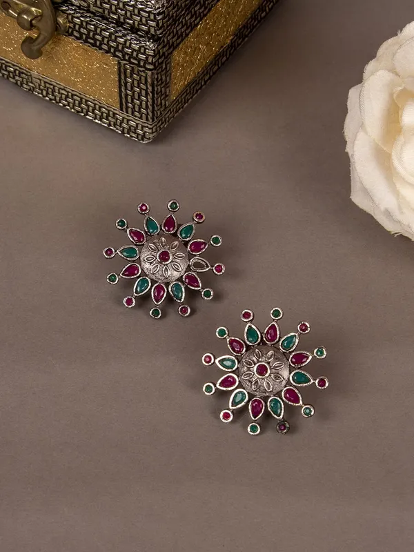 Multicolor_Ethnic_Oxidised_Silver_Plating_Stylish_Alloy_Floral_Design_Round_Shpae_Stud_Earrings_For_Women_And_Girls_Pair_Of_1