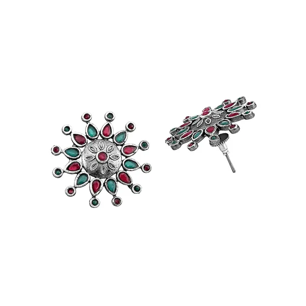 Multicolor_Ethnic_Oxidised_Silver_Plating_Stylish_Alloy_Floral_Design_Round_Shpae_Stud_Earrings_For_Women_And_Girls_Pair_Of_1