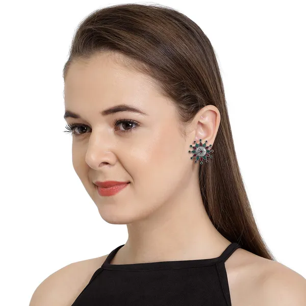 Multicolor_Ethnic_Oxidised_Silver_Plating_Stylish_Alloy_Floral_Design_Round_Shpae_Stud_Earrings_For_Women_And_Girls_Pair_Of_1