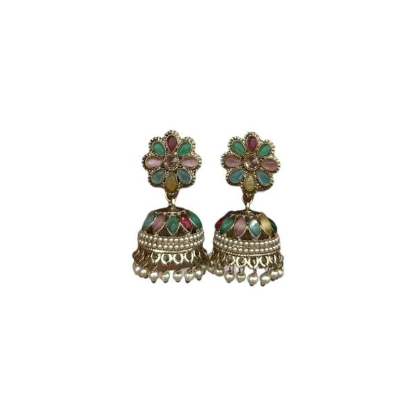 Multicolor_Gold_Plated_Multicolour_Pastel_Semi_Precious_Stones_Studded_Ethnic_Floral_Jhumka_Earrings/Traditional_Jhumkis_For_Women_And_Girls