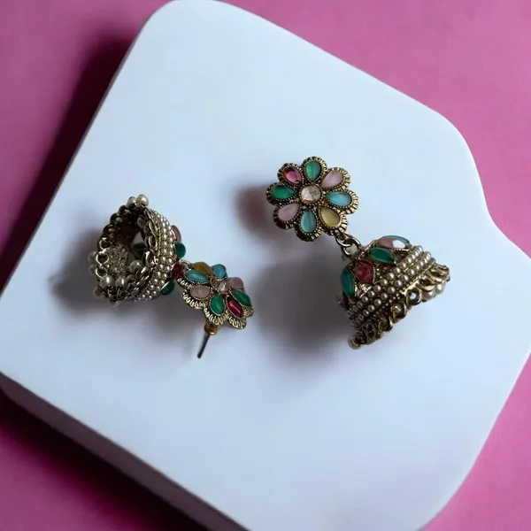 Multicolor_Gold_Plated_Multicolour_Pastel_Semi_Precious_Stones_Studded_Ethnic_Floral_Jhumka_Earrings/Traditional_Jhumkis_For_Women_And_Girls