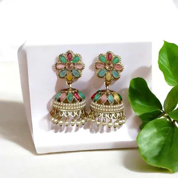 Multicolor_Gold_Plated_Multicolour_Pastel_Semi_Precious_Stones_Studded_Ethnic_Floral_Jhumka_Earrings/Traditional_Jhumkis_For_Women_And_Girls