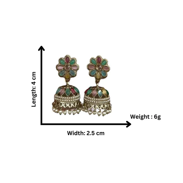 Multicolor_Gold_Plated_Multicolour_Pastel_Semi_Precious_Stones_Studded_Ethnic_Floral_Jhumka_Earrings/Traditional_Jhumkis_For_Women_And_Girls
