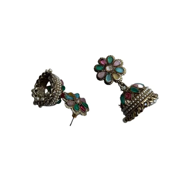 Multicolor_Gold_Plated_Multicolour_Pastel_Semi_Precious_Stones_Studded_Ethnic_Floral_Jhumka_Earrings/Traditional_Jhumkis_For_Women_And_Girls
