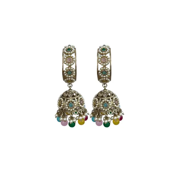 Multicolor_Gold_Plated_Multicolour_Pastel_Semi_Precious_Stones_Studded_Ethnic_Hoops_And_Jhumka_Earrings/Traditional_Jhumkis_For_Women_And_Girls