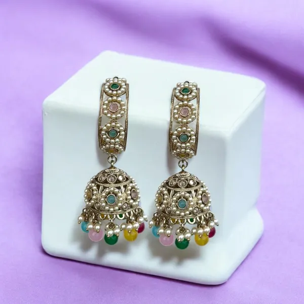 Multicolor_Gold_Plated_Multicolour_Pastel_Semi_Precious_Stones_Studded_Ethnic_Hoops_And_Jhumka_Earrings/Traditional_Jhumkis_For_Women_And_Girls