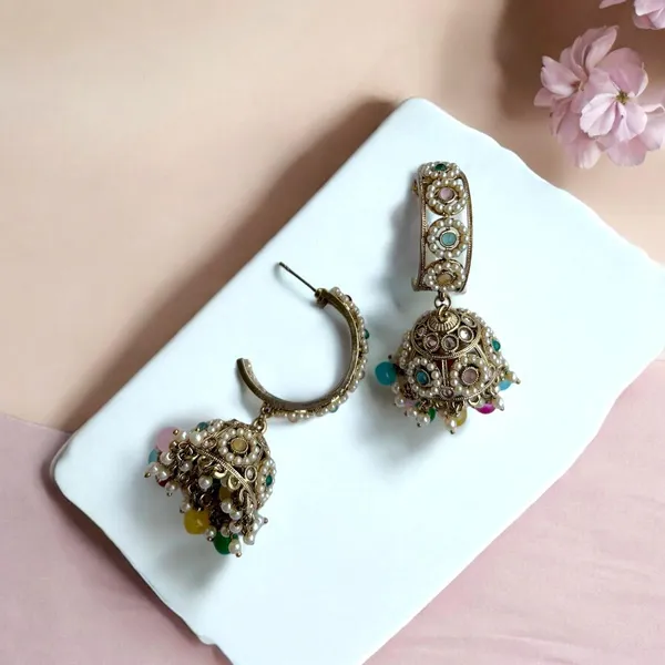 Multicolor_Gold_Plated_Multicolour_Pastel_Semi_Precious_Stones_Studded_Ethnic_Hoops_And_Jhumka_Earrings/Traditional_Jhumkis_For_Women_And_Girls
