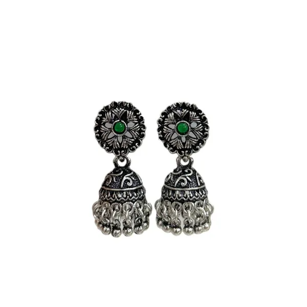 Silver_Silver_Plated_Stone_Studded_Statement_Oxidized_Jhumka_Earrings_With_Push_Back_Closure_For_Women_And_Girls_Pack_Of_1_(Green)