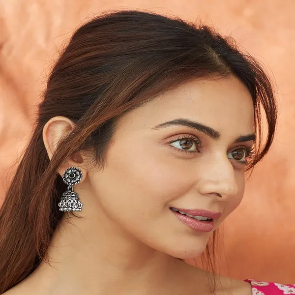 Silver_Silver_Plated_Stone_Studded_Statement_Oxidized_Jhumka_Earrings_With_Push_Back_Closure_For_Women_And_Girls_Pack_Of_1_(Green)