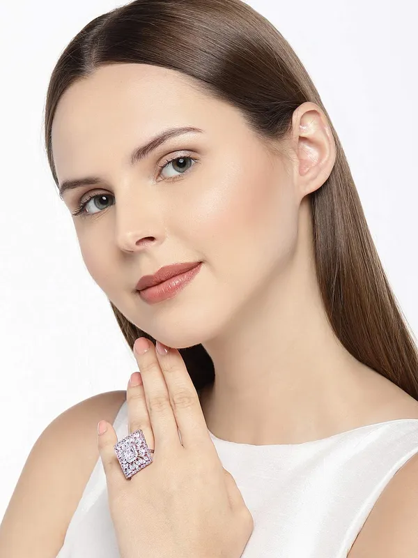 Silver_Rose_Gold_Plated_Contemporary_Style_Inspired_American_Diamond_Embellished_Square_Shape_Design_Adjustable_Statement_Finger_Ring_For_Women_And_Girls