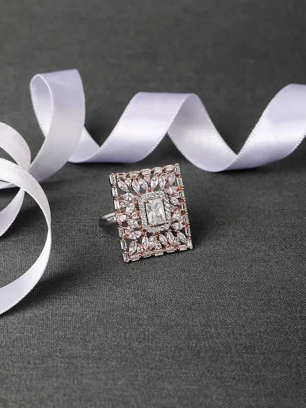Silver_Rose_Gold_Plated_Contemporary_Style_Inspired_American_Diamond_Embellished_Square_Shape_Design_Adjustable_Statement_Finger_Ring_For_Women_And_Girls