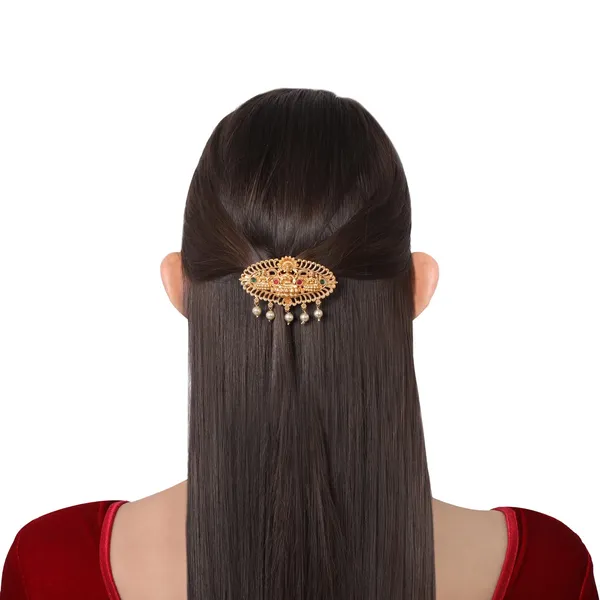 Gold_Ethnic_Stone_Embellished_Matte_Gold_Bridal_Hair_Clip_|_Antique_Indian_Jewellery_With_Pearl_Drops_|_French_Barrette_For_Women_And_Girls_(Pack_Of_1)|_Gifting_For_Karwachauth_|