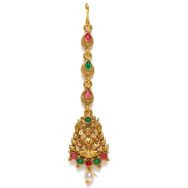 Gold_Matte_Gold_Plated_Temple_Jewellery_Inspired_Laksmi_Mata_Maang_Tikka/Maang_Tika_Embellished_With_Ruby_And_Emerald_For_Women_And_Girls_Pack_Of_1