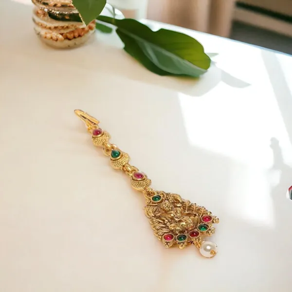 Gold_Matte_Gold_Plated_Temple_Jewellery_Inspired_Laksmi_Mata_Maang_Tikka/Maang_Tika_Embellished_With_Ruby_And_Emerald_For_Women_And_Girls_Pack_Of_1