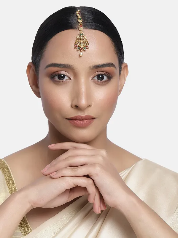 Gold_Matte_Gold_Plated_Temple_Jewellery_Inspired_Laksmi_Mata_Maang_Tikka/Maang_Tika_Embellished_With_Ruby_And_Emerald_For_Women_And_Girls_Pack_Of_1
