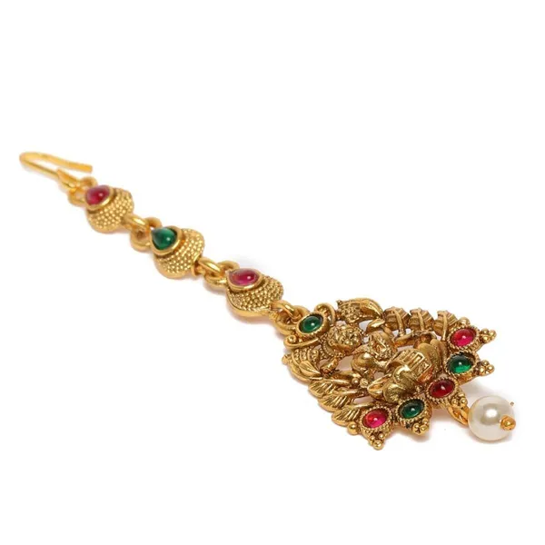 Gold_Matte_Gold_Plated_Temple_Jewellery_Inspired_Laksmi_Mata_Maang_Tikka/Maang_Tika_Embellished_With_Ruby_And_Emerald_For_Women_And_Girls_Pack_Of_1