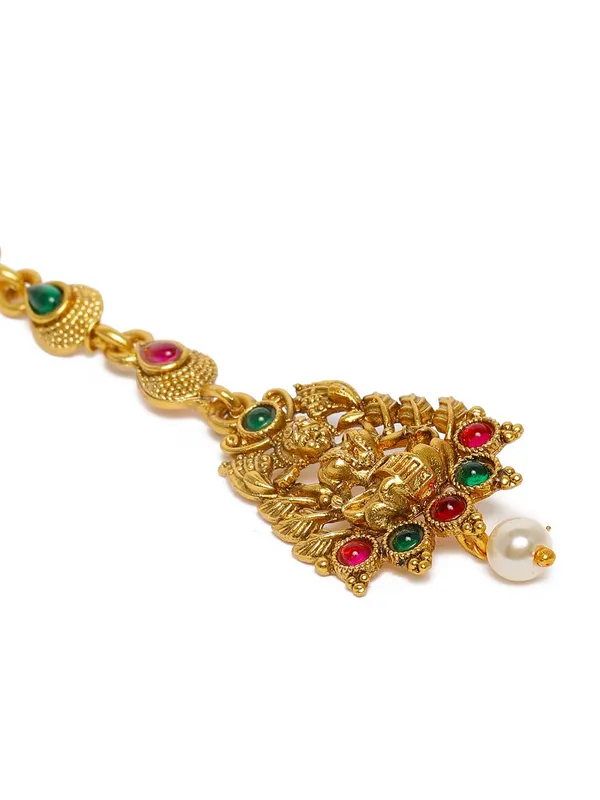 Gold_Matte_Gold_Plated_Temple_Jewellery_Inspired_Laksmi_Mata_Maang_Tikka/Maang_Tika_Embellished_With_Ruby_And_Emerald_For_Women_And_Girls_Pack_Of_1