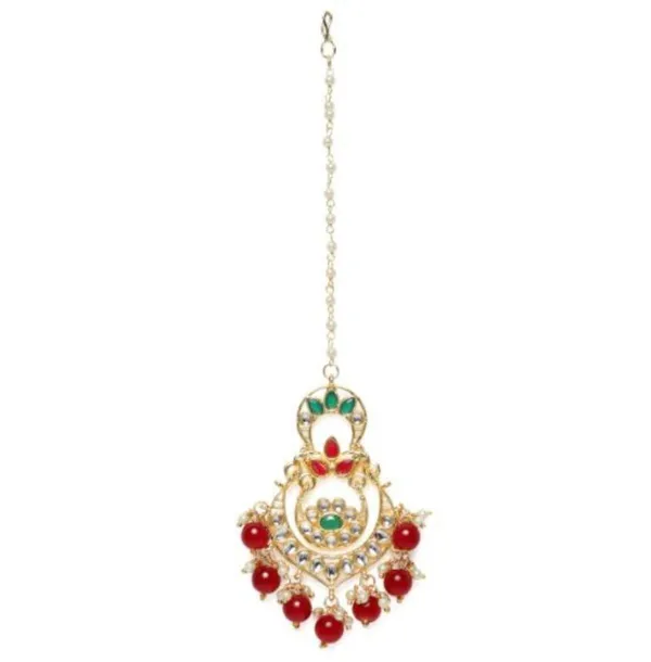 Red_Accesher_Gold_Plated_Traditional_Chandbali_Design_Style_Ruby_Emerald_Stones_And_Kundan_Embedded_Maang_Tika/Maang_Tikka_With_Ruby_Beads_Drops_For_Women_And_Girls_Pack_Of_1_|_Gifting_For_Karwachauth_|
