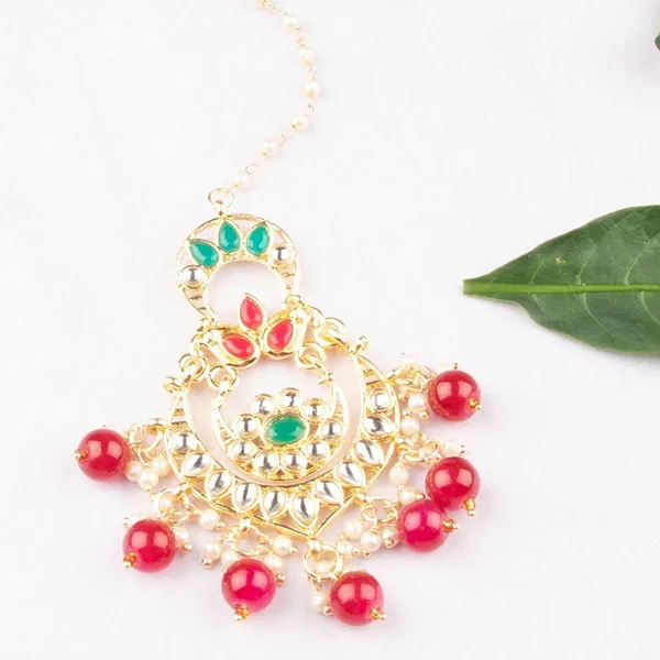 Red_Accesher_Gold_Plated_Traditional_Chandbali_Design_Style_Ruby_Emerald_Stones_And_Kundan_Embedded_Maang_Tika/Maang_Tikka_With_Ruby_Beads_Drops_For_Women_And_Girls_Pack_Of_1_|_Gifting_For_Karwachauth_|