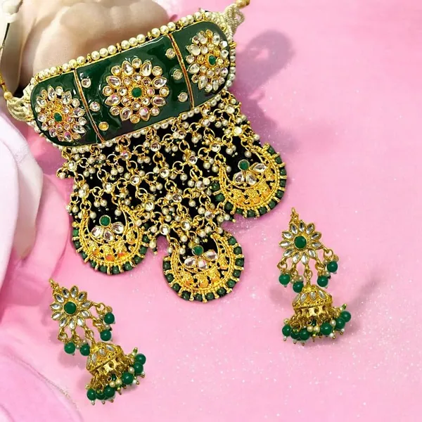 Green_Gold_Plated_Traditional_Green_Meenakari_Rajwadi/Rajasthani_Style_Statement_Bridal_Choker_Set_With_Jhumki_Earrings_And_Maang_Tikka_For_Women_And_Girls